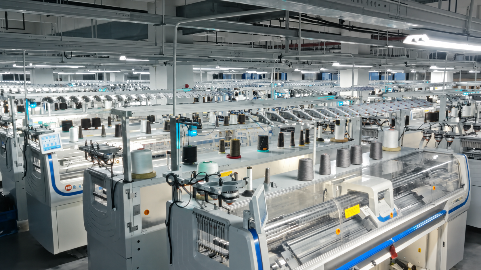 Rows of 18G seamless knitting machines inside the factory
