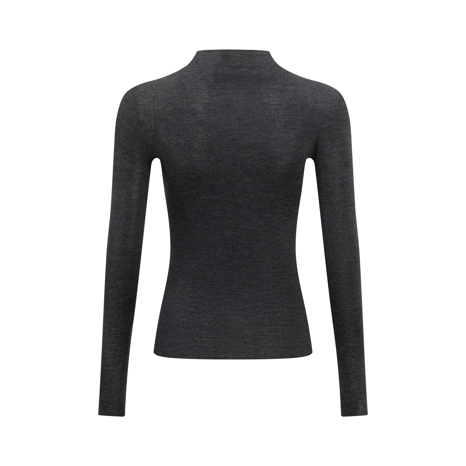 Back view of charcoal mock neck 18G seamless sweater sample